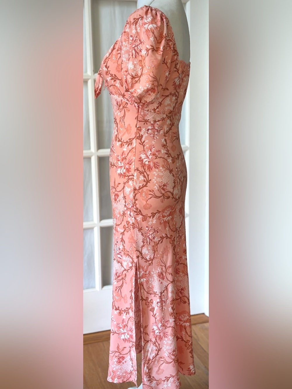 Hello Molly NWT Peach Floral Tie Front Puff Sleeve Midi Dress US 4 - Picture 5 of 14